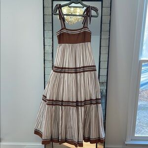 Cream and Brown Pleated Maxi Sundress